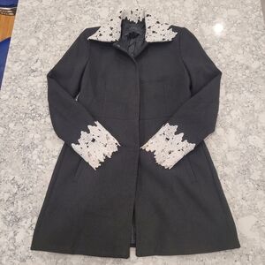 Zara Black Overcoat Jacket with White Lace Accents Women's XSmall